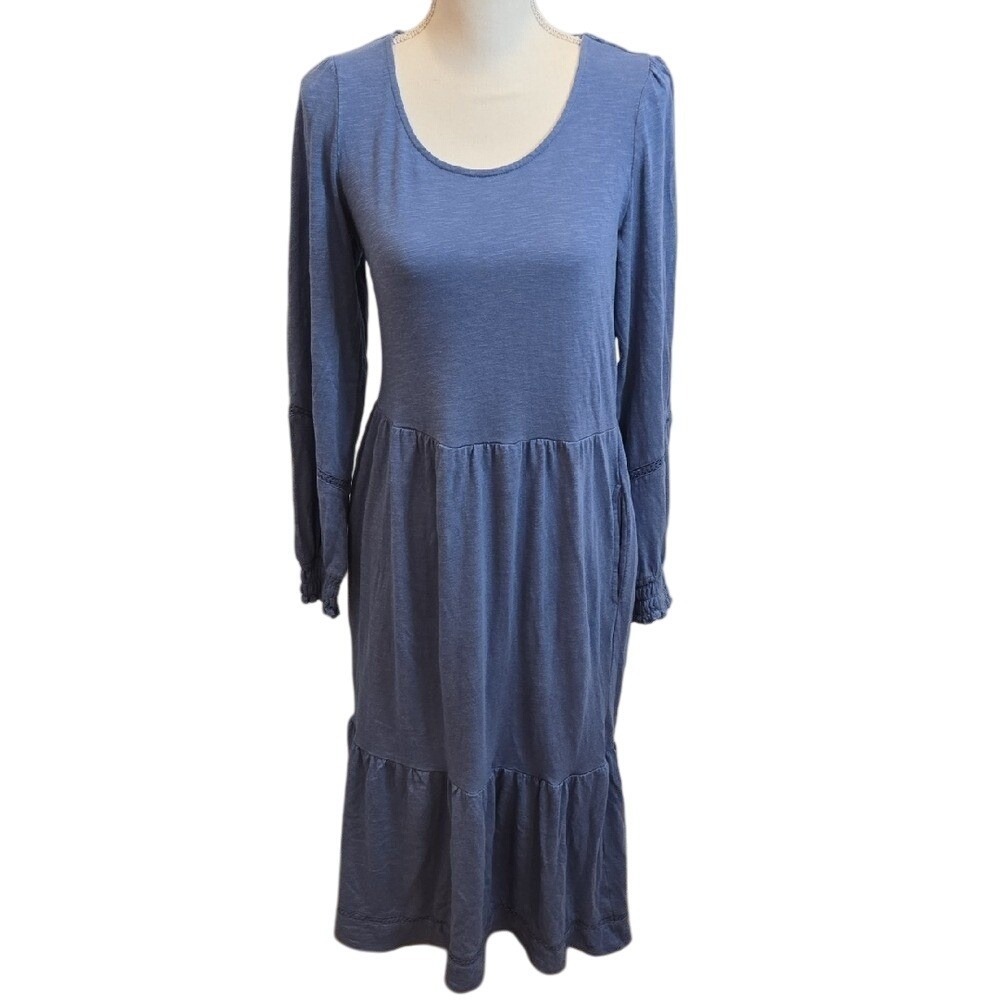 Canyon Retreat Blue Tiered Maxi Scoop Neck Dress Crochet Trim - XS Linen Cotton